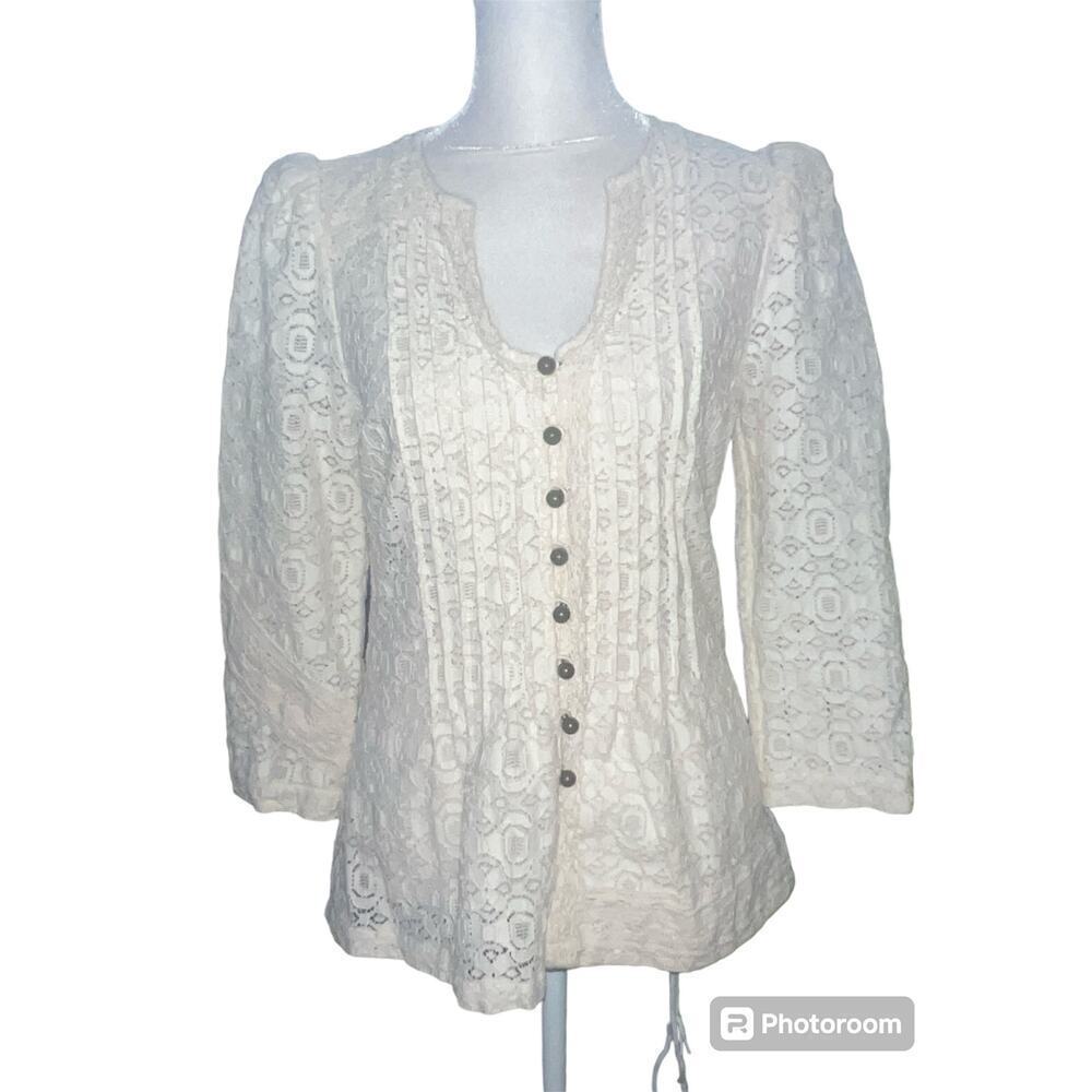 Plenty by Tracy Reese Cream Lace Pintuck Button Front Blouse‎ 3/4 Sleeve Size 8